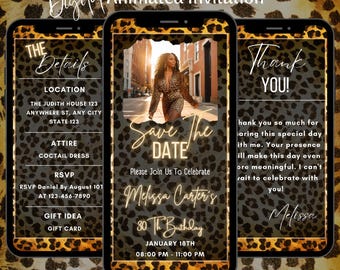 Editable Leopard Print Birthday Party Video Invitation, Animated Save the Date Party Invite, Digital Cheetah Print Evite