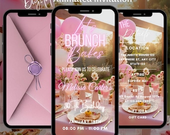 Editable Pink Birthday Brunch Invitation, Brunch Party Animated Invitation, Modern Elegant Video Evite Template (Digital Download)
