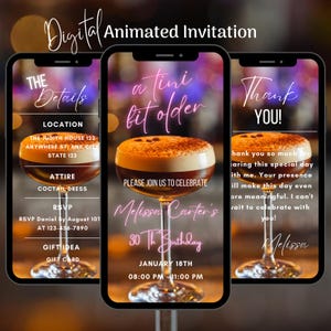 Digital Birthday Party Invitation A Tini Bit Older, Editable Martini Video Invite, Cocktail Party Animated Invite, Martini Dinner Party