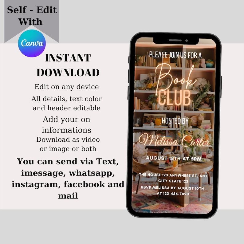 May include: Editable phone invitation template for a book club meeting. The template features a photo of a bookshelf with plants and a table with food. The text "Book Club" is in neon pink letters. The invitation includes the date, time, host name, and contact information.
