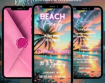 Editable Beach Party Video Invitation, Animated Birthday Party Invite, Mobile Digital Modern Party Evite