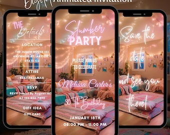 Animated Slumber Party Video Invitation, Editable Sleepover Birthday Party Invite Template (Digital Download)