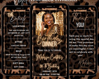 Animierte Leopard-Thema Video-Einladung, Glam Birthday Bash Smartphone Evite, bearbeitbare Tierdruck-Geburtstagseinladung, digitaler Download
