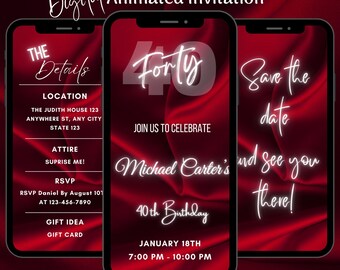 Animated Red 40th Birthday Invitation: Editable Dinner Party Video Invite Template (Digital Download)