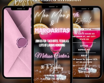 Animated Moo Moos & Margaritas Birthday Cocktail Party Invitation, Editable Pink Girls Night Video Invite (Digital Download)