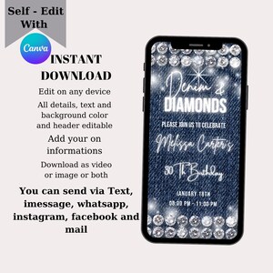 May include: A digital invitation for a 30th birthday party with a denim and diamond theme. The invitation features a blue denim background with silver glitter diamonds and the text "Denim & Diamonds". The invitation also includes the text "Please join us to celebrate Melissa Carter's 30th Birthday" and the date and time of the party.
