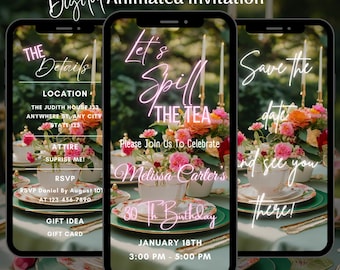 Digital Tea Party Invitation, Editable Tea Birthday Party Animated Invitation, Spill The Tea Party Video Invitation Template, Brunch Evite