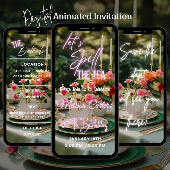 Digital Tea Party Invitation, Editable Tea Birthday Party Animated Invitation, Spill The Tea Party Video Invitation Template, Brunch Evite