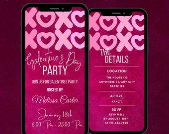 Op de afbeelding: Digitale uitnodiging voor een Galentine's Day feest. De uitnodiging heeft een roze en witte achtergrond met harten en de tekst "Galentine's Day Party". De uitnodiging bevat ook de datum, tijd, locatie en RSVP-informatie.