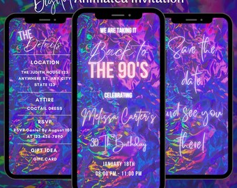 Plantilla de invitación digital para fiesta de regreso a los 90, invitación en video editable para fiesta de los 90, invitación animada de los 90, invitación de cumpleaños con temática de los 90
