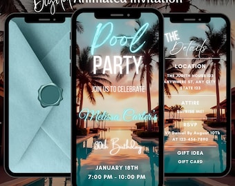 Editable Pool Party Video Invitation: Animated Birthday Dinner Party Invite Template (Digital Download)