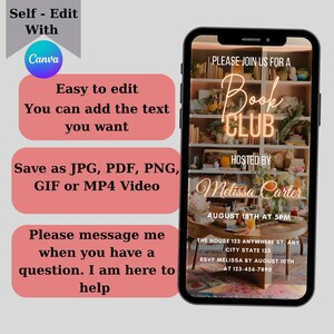May include: A digital invitation for a book club meeting. The invitation features a photo of a bookshelf with books and plants. The text on the invitation reads "Please join us for a Book Club hosted by Melissa Carter, August 18th at 5pm. The House 123 Anywhere St, Any City State 123. RSVP Melissa by August 10th at 123-456-7890."