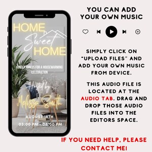 May include: A digital invitation for a housewarming party with a neon sign that says "Home Sweet Home". The invitation includes the date and time of the event, the host's name, and a message inviting guests to join for a housewarming celebration. The image also includes instructions on how to add your own music to the invitation.
