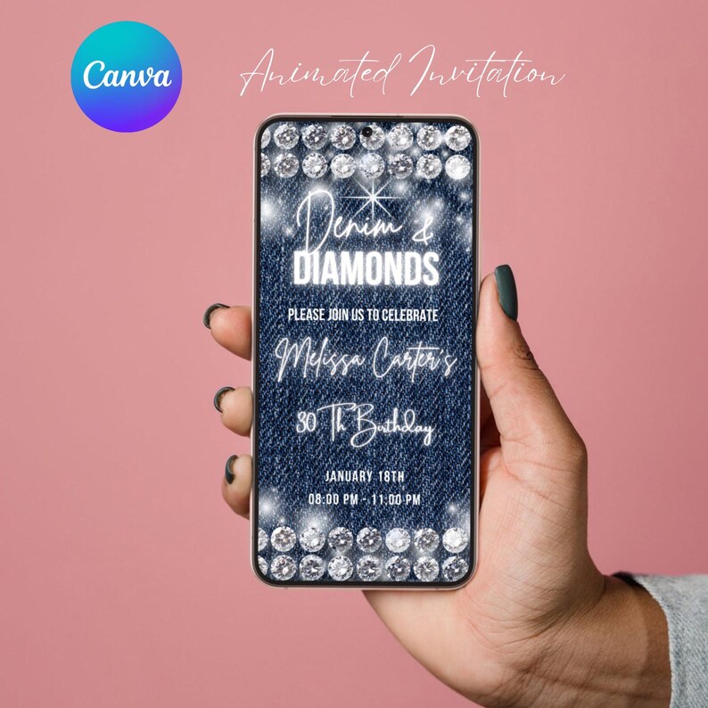 May include: A mobile phone screen displaying a denim and diamonds themed birthday invitation for Melissa Carter's 30th birthday. The invitation includes the date and time of the event: January 18th, 08:00 PM - 11:00 PM.