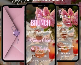 Editable Pink Brunch Video Invitation, Floral Birthday Party Animated Invite (Digital Download)