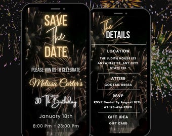 Save The Date Birthday Party Video Invitation, Editable Firework Birthday Party Animated Birthday Invite
