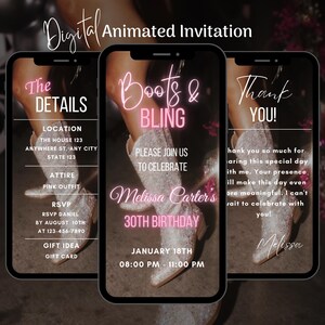 Bewerkbare verjaardagsuitnodiging laarzen en bling, digitale westernparty, cowgirls verjaardagsfeestje video uitnodigen, laarzen en bling geanimeerde uitnodiging