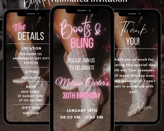 Animated Boots and Bling Birthday Video Invitation: Editable Western Cowgirl Party (Digital Download)