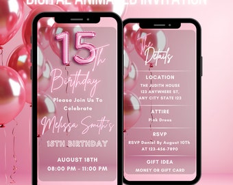 Digital Pink 15th Birthday Invitation For Girls, Animated Pink Balloon Fifteenth Birthday, 15th Birthday Invitation, Modern Birthday Invite