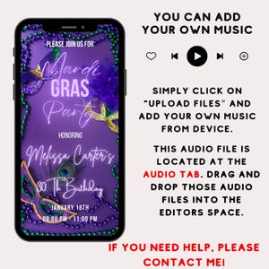 May include: A purple and green Mardi Gras party invitation with a neon pink text overlay. The text reads "Please join us for Mardi Gras Party honoring Melissa Carter's 30th Birthday, January 18th, 08:00 PM - 11:00 PM".