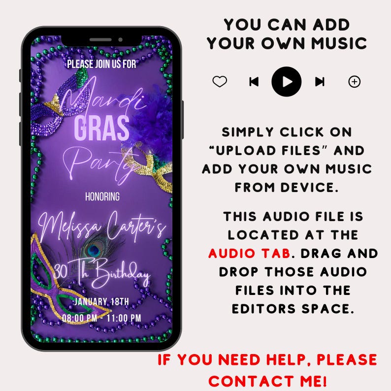 May include: A purple and green Mardi Gras party invitation with a neon pink text overlay. The text reads "Please join us for Mardi Gras Party honoring Melissa Carter's 30th Birthday, January 18th, 08:00 PM - 11:00 PM".