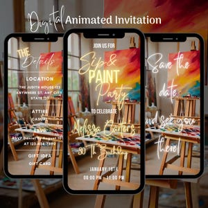 Digital Paint and Sip Invitation, Editable Wine and Paint Birthday Invitation Template, Painting Party Video Invite, Art Party Invitation