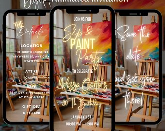 Sip and Paint Birthday Video Invitation, Editable Art Party Animated Invite Template (Digital Download)