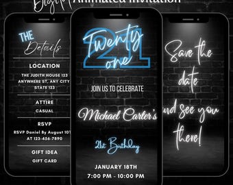 Invito video per la festa del 21° compleanno in blu neon, invito animato modificabile per dispositivi mobili.