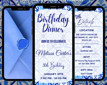 Animated Birthday Dinner Party Video Invitation, Editable Blue Tile Italian Invitation, Mediterranean Evite