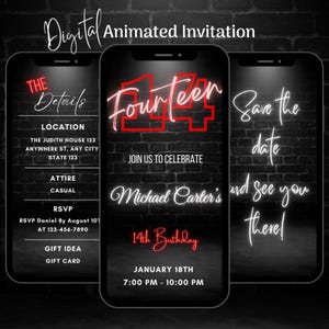 May include: Digital animated invitation on a black brick background. The invitation is for a 14th birthday, with details including the location, RSVP information, and date: January 18th, 7:00 PM - 10:00 PM.