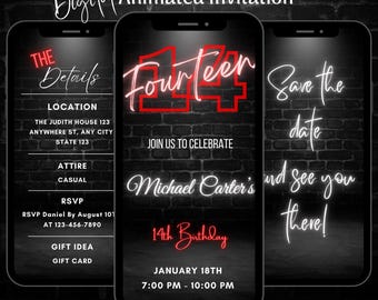 Animated Neon Red 14th Birthday Party Video Invitation (Digital Download, Editable Template)