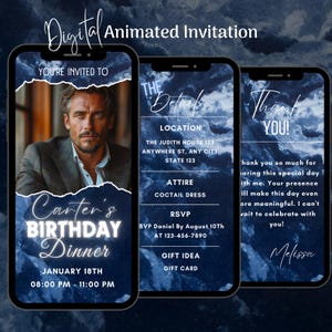Digital Blue Men Birthday Party Invitation, Editable Men Birthday Video Invite, Man Birthday Animated Invitation, Male Birthday Dinner Party