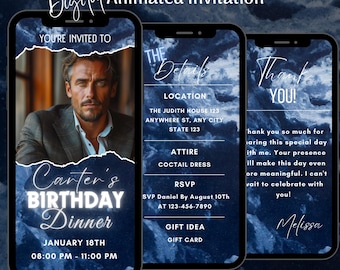 Animated Blue Men Birthday Video Invitation, Editable Dinner Party Invite (Digital Download)