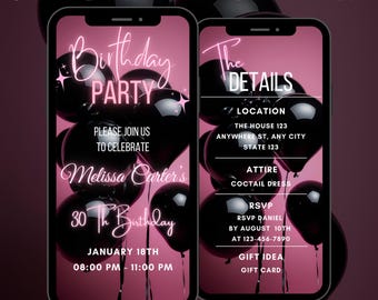 Editable Pink Birthday Party Invitation Template, Pink and Black Birthday Party Animated Invitation, Digital Birthday Party Video Invitation