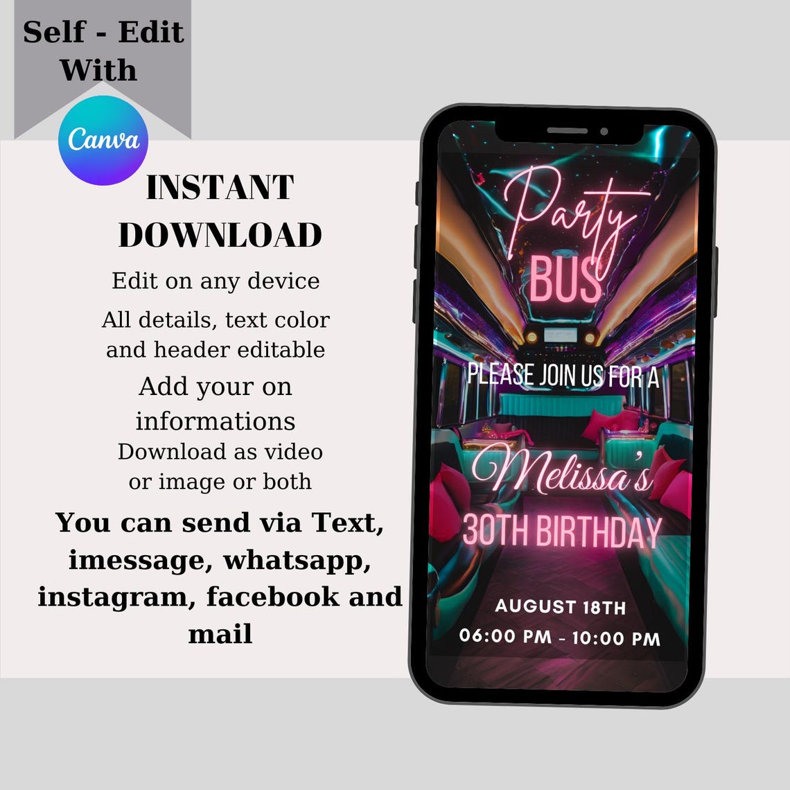 Manibus Invitation Code Editable Party Bus Invitation, Animated Party Bus Time Invitation, VIP ...