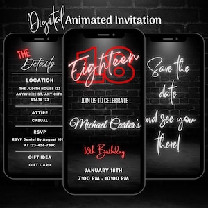 May include: Digital animated invitation on three smartphones. The invitation features the word "Eighteen" in red neon, along with event details: location, attire, RSVP, and gift ideas. The background is a dark brick wall.