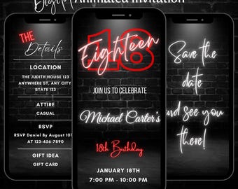 Animated Neon Red 18th Birthday Video Invitation: Editable Template(Digital Download)