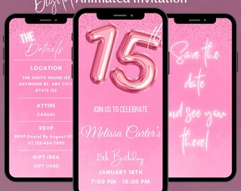Invitación animada en video rosa para cumpleaños número 15, invitación editable para fiesta de quince años en smartphone, plantilla digital para invitaciones móviles para fiestas de adolescentes