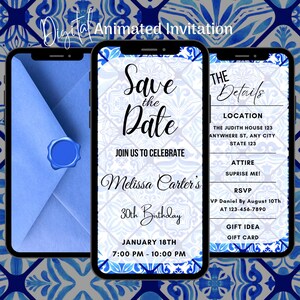 May include: Digital animated invitation on a smartphone screen. The invitation is blue and white with the text "Save the Date" and event details. The background is a blue and white tile pattern.