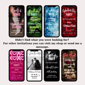 May include: A collection of nine digital phone screen mockups featuring various party invitation designs. The invitations feature different themes, including birthday parties, galentine's day, date night, and save the date. The invitations are designed with colorful backgrounds, text, and graphics.