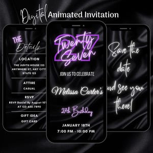 Digital Purple 27th Birthday Party Invitation, Editable Animated Neon 27th Birthday Invitation, 27th Birthday Video Invitation Template