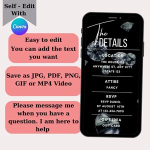 May include: A black and white mobile phone screen with a diamond pattern background. The text "The Details" is written in white script. The text "Location, The House 123, Anywhere St, Any City, State 123, Attire, Fancy, RSVP, RSVP Daniel, By August 10th, At 123-456-7890, Gift Idea, Gift Card" is written in white on a black background.