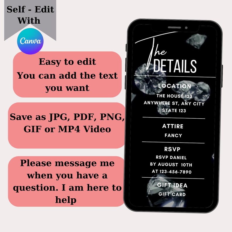 May include: A black and white mobile phone screen with a diamond pattern background. The text "The Details" is written in white script. The text "Location, The House 123, Anywhere St, Any City, State 123, Attire, Fancy, RSVP, RSVP Daniel, By August 10th, At 123-456-7890, Gift Idea, Gift Card" is written in white on a black background.