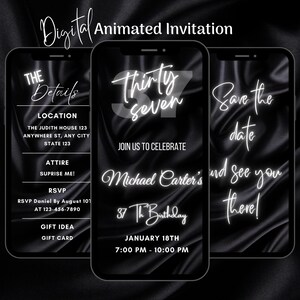 Digital Black 37th Birthday Invitation, Animated 37th Birthday Party Invitation, Editable 37th Birthday Video Electronic Invite Template