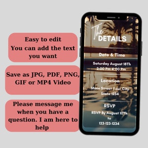 Op de afbeelding: Een digitale telefoon schermmoc-up met een tropische achtergrond en tekst die "The Details" zegt. De tekst hieronder bevat de datum en tijd, locatie en RSVP-informatie.