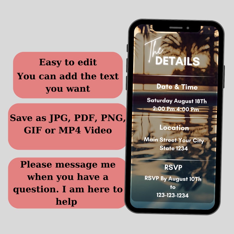 Op de afbeelding: Een digitale telefoon schermmoc-up met een tropische achtergrond en tekst die "The Details" zegt. De tekst hieronder bevat de datum en tijd, locatie en RSVP-informatie.