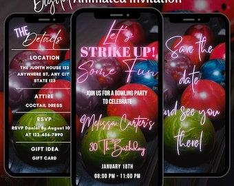 Animated Bowling Birthday Video Invitation, Neon Bowl Strike Smartphone Invite, Editable Bowling Night Mobile Evite, Digital Download