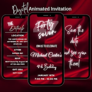 Digital Red 47th Birthday Invitation, Animated 47th Birthday Party Invitation, Editable 47th Dinner Party Video Invitation Template