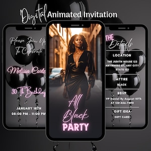 Digital All Black Birthday Party Invitation, All Black Affair Template, All Black Glam Luxury Invitation, Black Birthday Dinner Invitation,