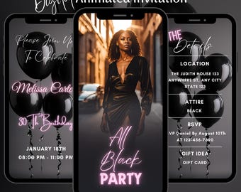 Digital All Black Birthday Party Invitation, Animated Black Affair Template, Elegant Glam Luxury Invitation, Dinner Evite